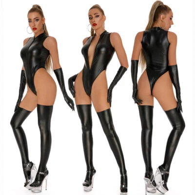 Damen Wetlook Body Overall Kunstleder Stringbody Catsuit + Handschuhe + Strümpfe - Bild 1 von 4
