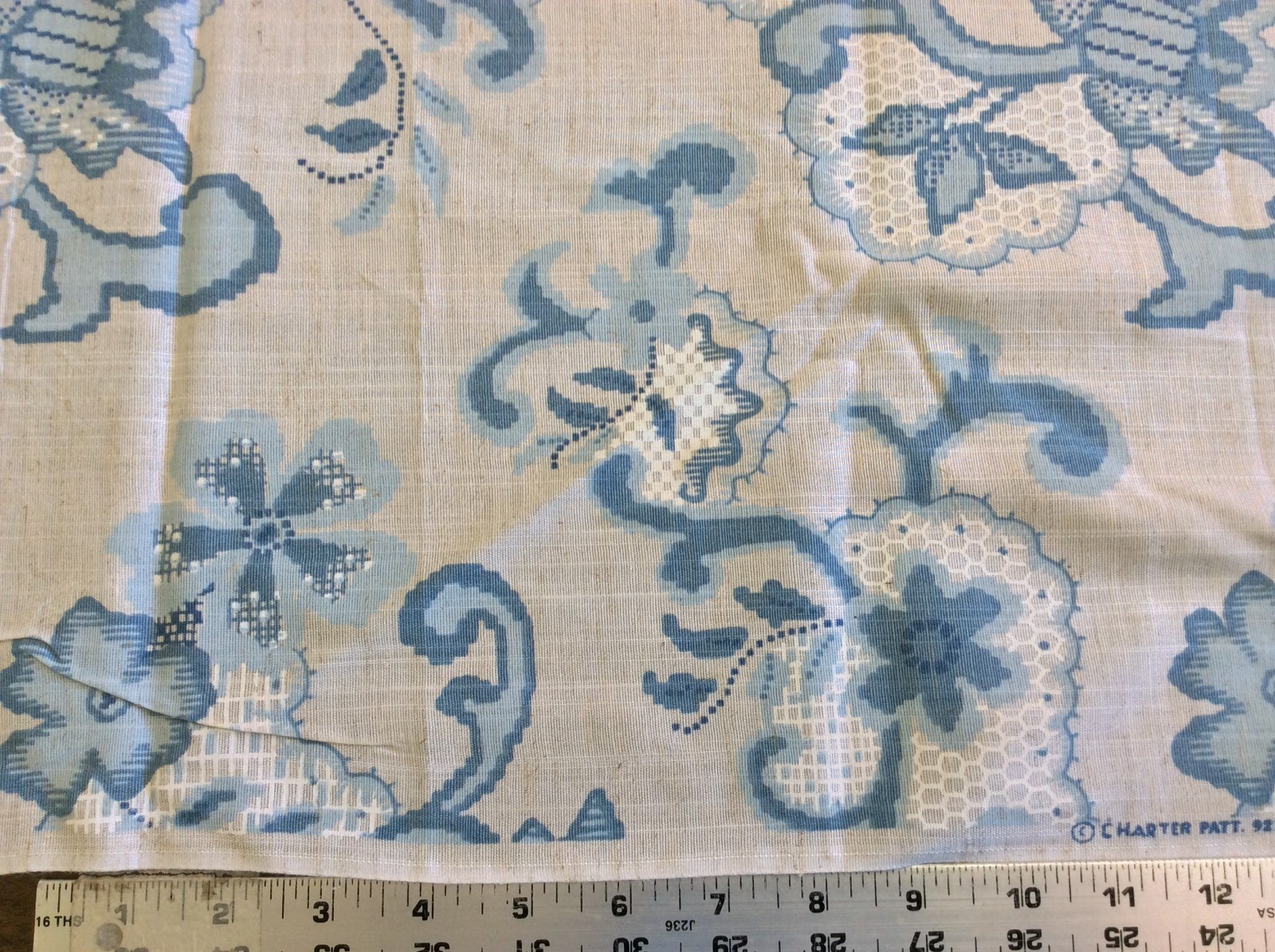 CHARTER PATTERN # 9211 FLORALS WITH BLUE ON BEIGE COTTON--- 1 1/2 YARDS ...