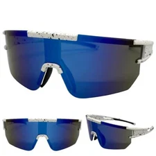 Classic VINTAGE RETRO SPORTY Style WRAP AROUND SUN GLASSES White Frame Blue Lens