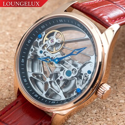 Mens Bridge Movement Automatic Mechanical Watch Rose Gold Black Red Leather