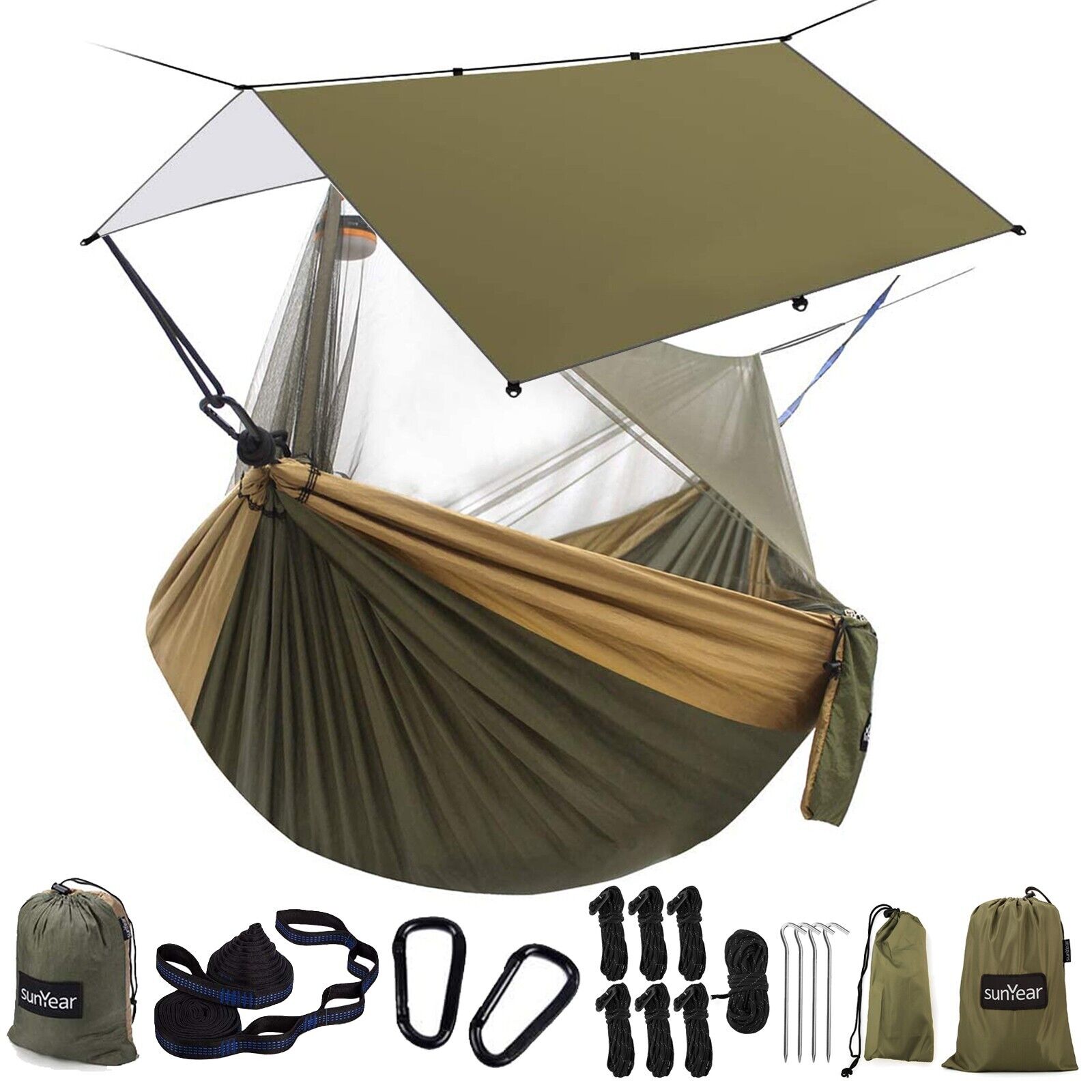 Sunyear Double Camping Hammock with Mosquito Net and Rain Fly Tent Tarp