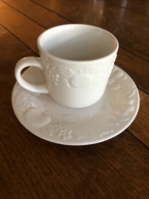Gibson Housewares Coffee Cups Mug Saucer 2 pc Sets Embossed Raised Fruit, Nice!