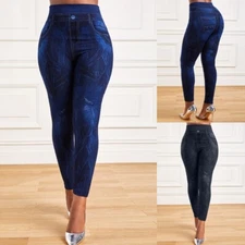 Women High Waist Stretchy Denim Look Leggings Skinny Jeggings Pencil Pants US