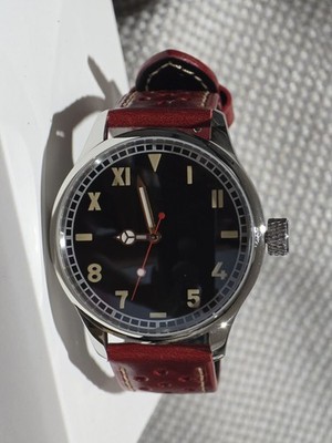 Mode Pilot Watch Stainless Steel Sapphire Crystal Miyota 8215 Leather Red Strap