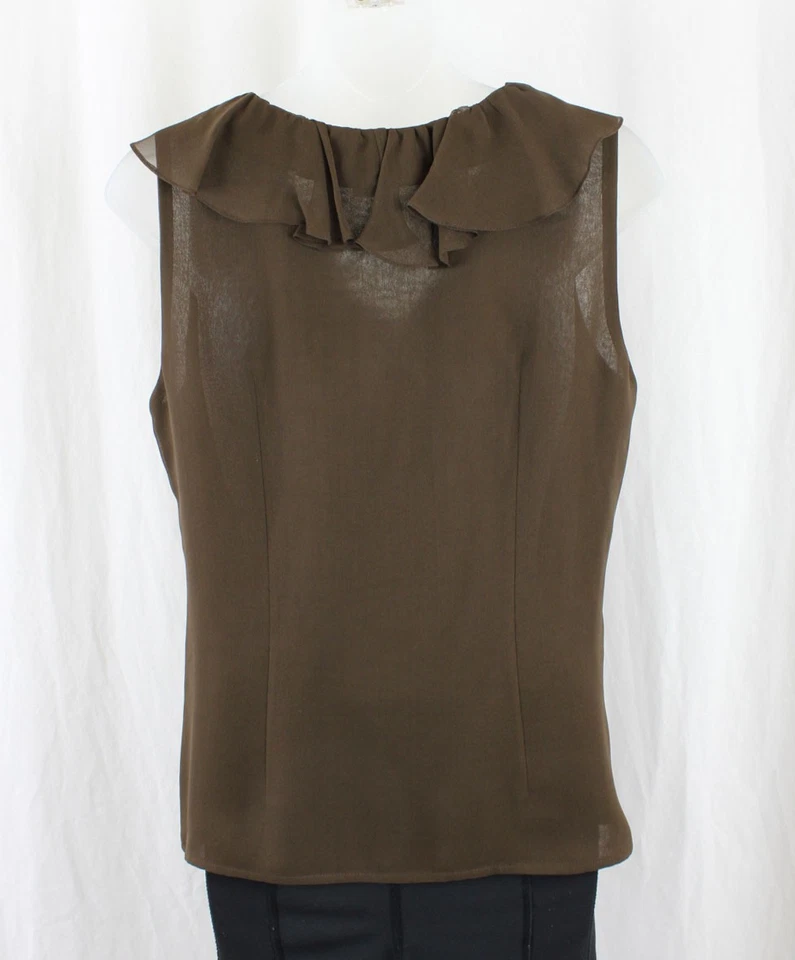 Oscar de la Renta Women's Brown 100% Silk Ruffle V Neck Sleeveless Top Size 8 - Image 2 of 4