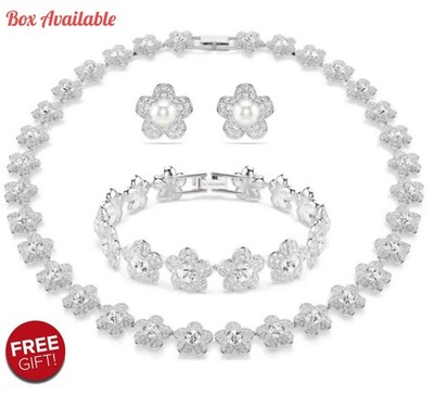 Luxus Kristall Blume Schmuck Set 3-teilig silberfarben Hochzeit Geschenk inspiriert Tennis