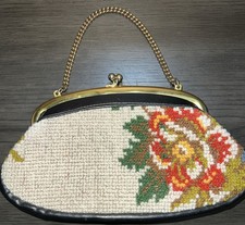 Vintage Floral Needlepoint Handbag Tapestry Purse Kiss Lock