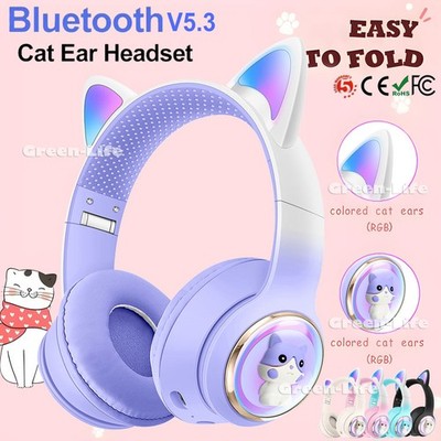 Wireless Bluetooth 5.3 Headset Cute Cat Ear RGB LED Headphone &Mic For Any Phone