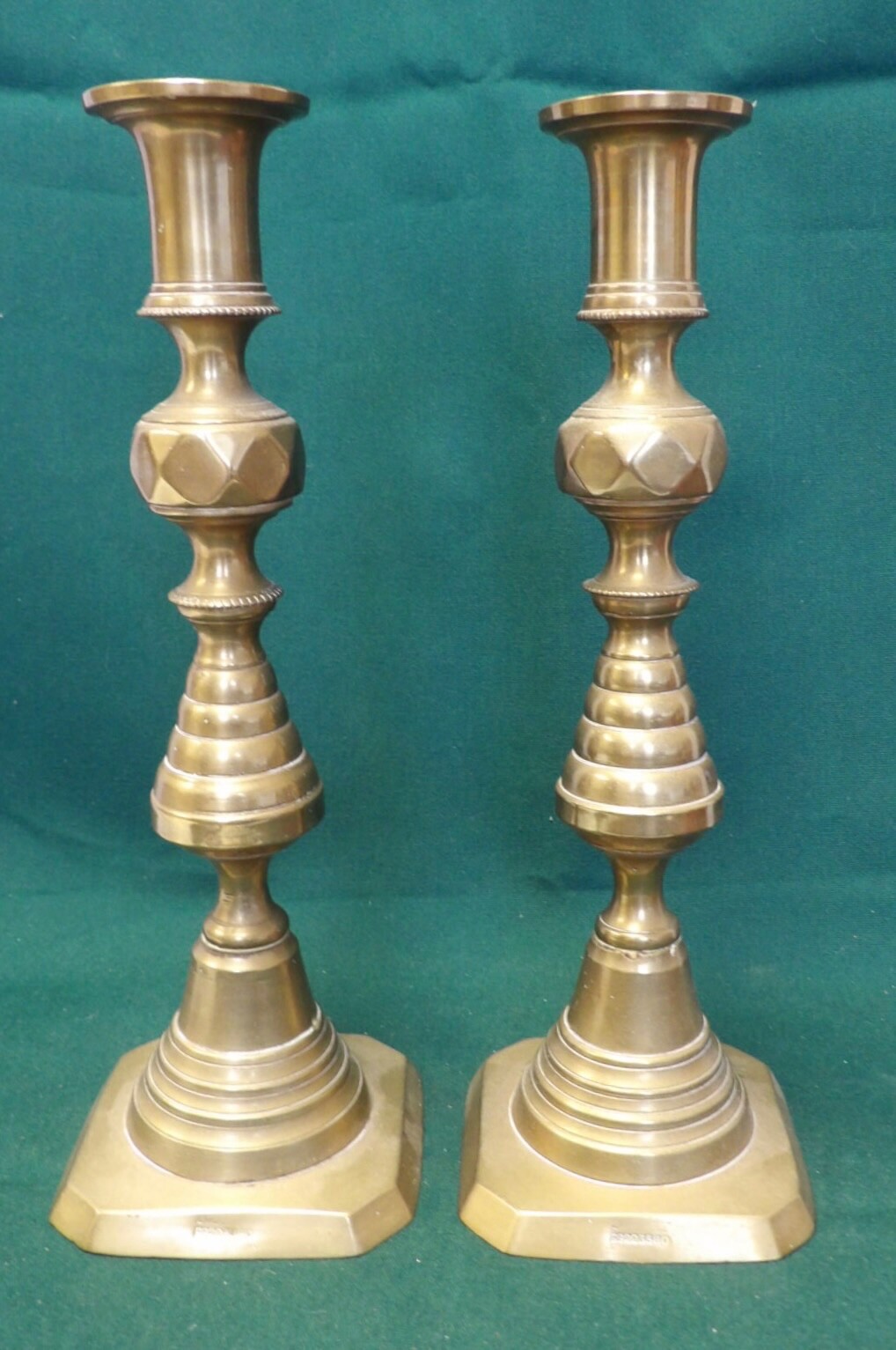 Pair of 1890s Brass English Beehive Pushup Candlesticks Reg. No 223580