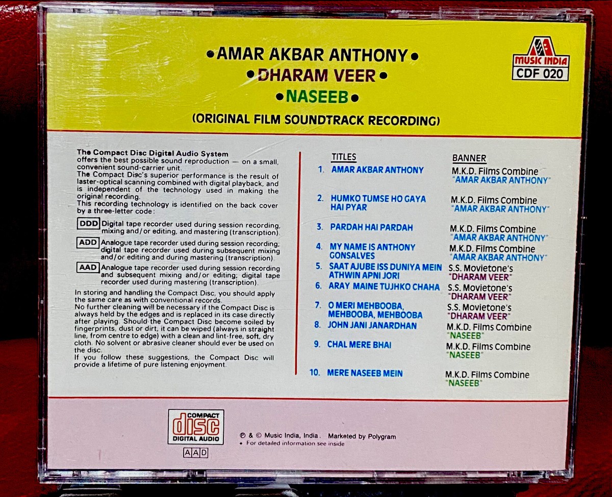 Amar Akbar Anthony/Dharam Veer/Naseeb-Music India Triple Combo