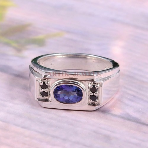Natural Tanzanite Gemstone with 14K White Gold Plated Silver Ring For Men #1570 - 第 9/12 張圖片