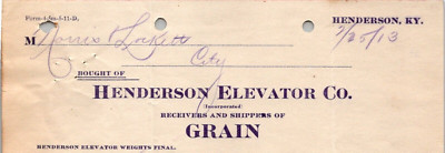1913 Henderson Elevator Co Receivers Shippers Grain Billhead HENDERSON KY  