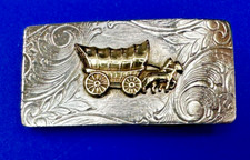 Covered wagon Vintage nickel silver two tone engraved swirl pattern Belt Buckle
