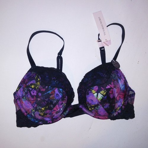 Victoria Secret Bra Set Push Up Small Thong Panty Black Purple Floral Shine Stra - Picture 9 of 9