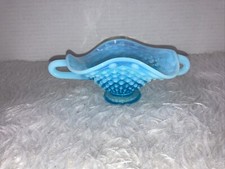 Vtg Fenton Blue Opalescent Hobnail Double Handled Bon Bon Dish No Chips/Cracks