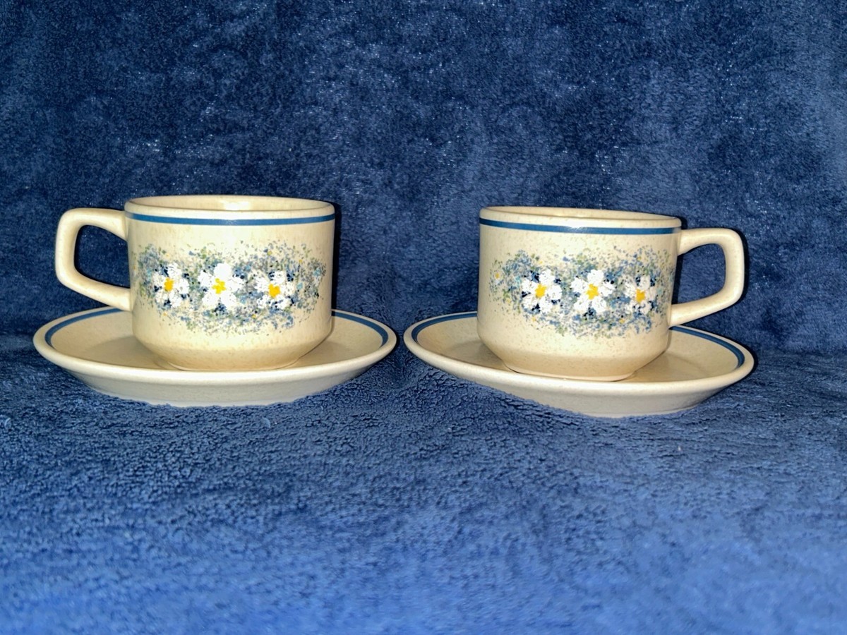 TWO SETS (4 PCS) LENOX TEMPERWARE DEWDROPS CUPS SAUCERS/BLUE TRIM (X3)  EUC