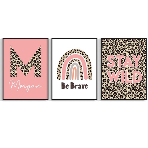 Stampe artistiche da parete arcobaleno leopardo personalizzate nome bambina camera da letto asilo set 624 - Foto 5 di 5