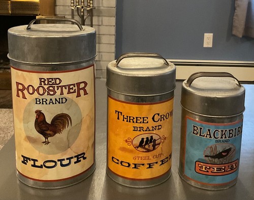 Set of 3 Metal Canisters Red Rooster Flour, Three Crow Coffee, & Blackbird Tea