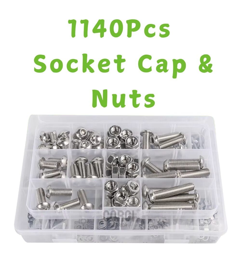 1140Pcs Metric Screws Assortment Kit, M1.6 to M8 Socket Cap & Nuts