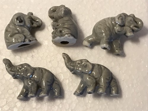 Lot 5 Small Mini Glazed Pottery Elephant Gray Elephants 1.5" to 1.75" Tall Japan