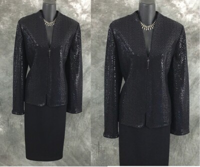 BEAUTIFUL St John evening knit black rhinestones embellished skirt suit 14