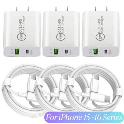 3X 20W USB Type-C Fast Wall Charger Cable For iPhone 17 Air 16 15/Galaxy S24 S23