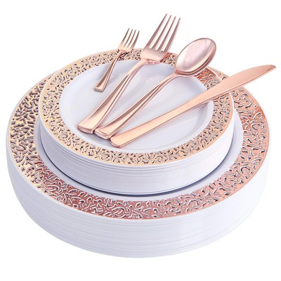 WDF 150PCS Gold Plastic Plates with Disposable Plastic Silverware, Thanksgivi...