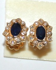 ANTIQUE ART DECO 9K GOLD SAPPHIRE DIAMOND PEARL HAND MADE FLOWER STUD EARRINGS