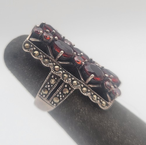 Estate Statement Sterling Silver Ring with Mozambique Garnets & Marcasite Sz 5