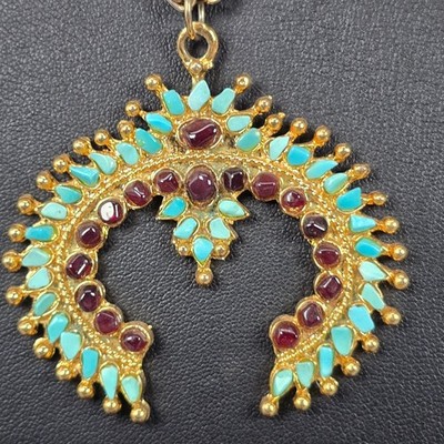 Gold-Tone Egyptian Revival Naja Style Crescent Turquoise & Garnet Chips Necklace