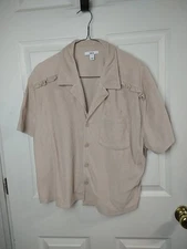 Bar III Woman L Short Terry Cloth Brown Ruffle SS Pocket Button Cropped Boxy Top