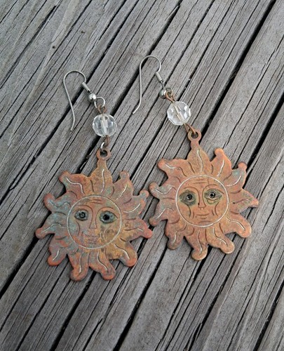 Vtg ARTISAN COPPER SUN FACE EARRINGS CELESTIAL 90S ERA DANGLE 2.75"