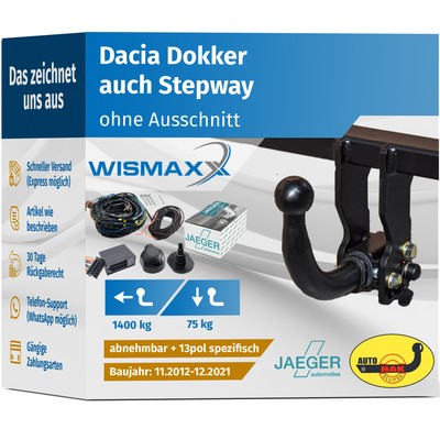 ANHÄNGERKUPPLUNG hori. abnehmbar für Dacia Dokker 17-21 +13pol E-Satz JAEGER