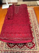 Maroon Chiffon Embroidered Salwar Kameez Set with Dupatta for Women - Size L