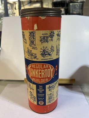 Vintage Tinkertoy Builder Set in Original Can   Wood Pieces   Partial Set