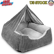 25"Anti-Anxiety Orthopedic Dog Beds Rectangle Cave Hooded Blanket Puppy Bed Grey