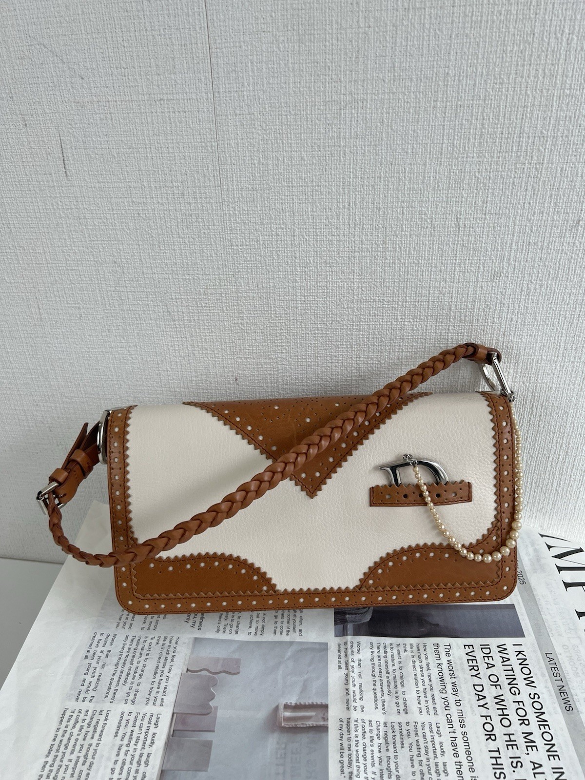 Dior Brown Leather Shoulder Bag with Faux Pearl Accents