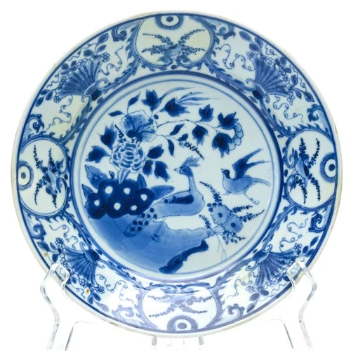 Chinese Kangxi Porcelain Blue White Plate Phoenix Rococo Border Qing Dynasty 18C