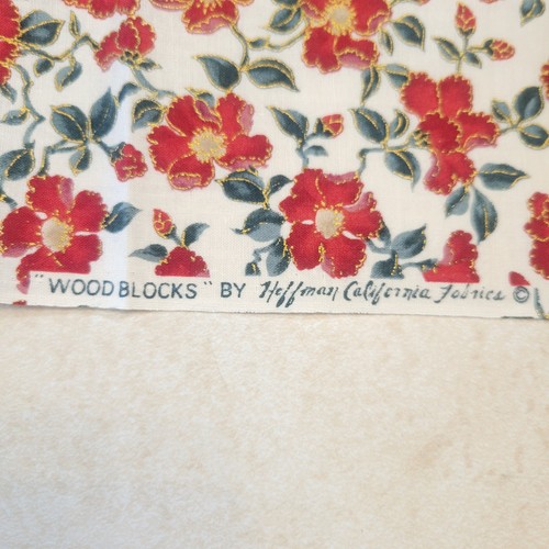 Cotton Fabric Red Flowers Green Leaves Gold Glitter Accents 18x42" Hoffman - Picture 8 of 13