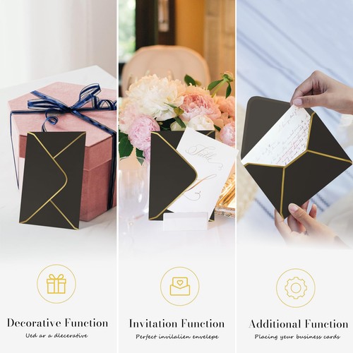 Black 5x7 Envelopes 50 Pcs, A7 Envelopes for Invitation, V-Flap with Gold Bor... - Picture 4 of 7