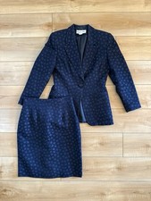 Vintage Christian Dior Navy Floral Skirt Suit Made in USA Size 6 One Button
