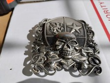 Coat of Arms Skull CrossBones 3.5" Belt Buckle Biker Gothic Pre-Loved