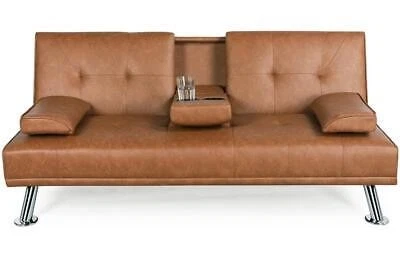Futon Sofa Bed Modern Faux Leather Fold Up and Down Recliner Couch Cup Holder - Image 2 of 4