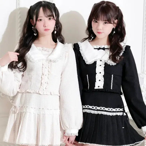 Noemie Tweed Lace Side Ribbon Pleated Set - Pink/Black Official