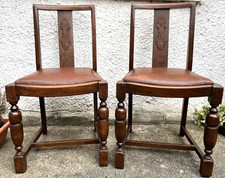 Pair Vintage Oak Dining Chairs Tudor Jacobean Farmhouse Carved Wooden Chairs