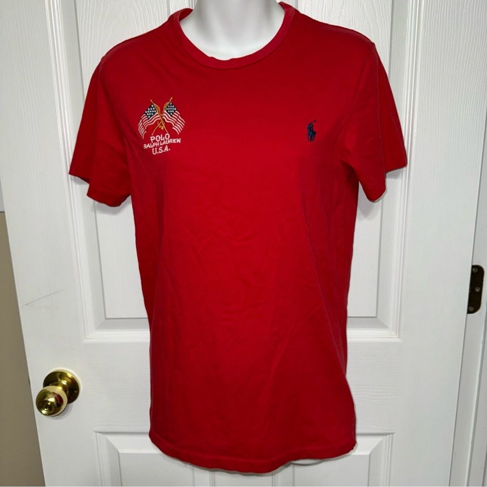 Polo Ralph Lauren camicia rossa piccola ricamata polo logo bandiere americane USA pony
