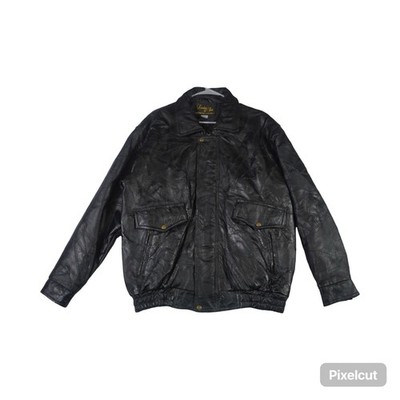 Vintage Leather & Soul Bomber Jacket Men Large Black Lined Full Zip Retro Winter