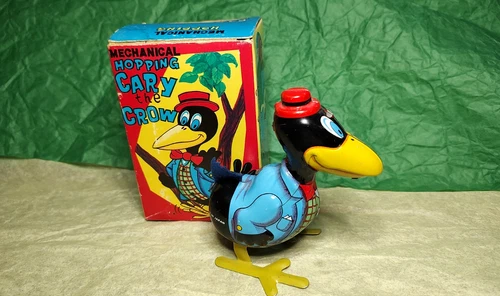 Vintage Cary the Crow Wind Up Hopping Tin Toy - Unmarked  - Marx - Japan WORKING