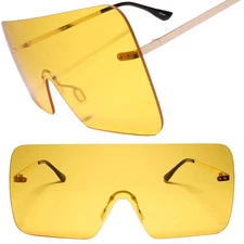 Mens & Womens Oversized Flat Top Rimless Futuristic Mono Yellow Lens Sunglasses
