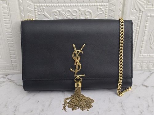 Pre-owned Authentic Saint Laurent Kate Pompom Black Leather In Excellent.